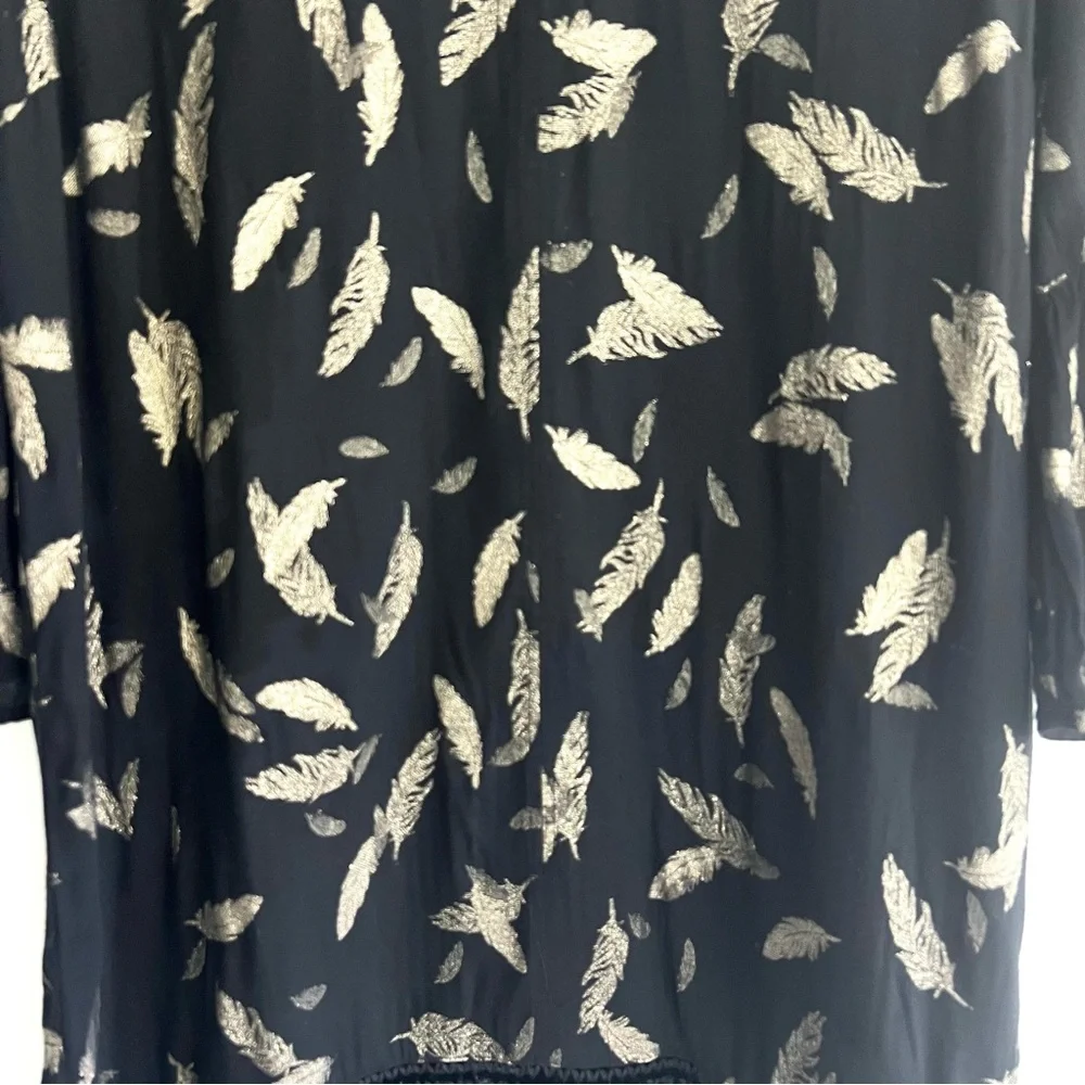 JOHNNY WAS Workshop Black Metallic Gold Feathers Embroidered Hem Mini Dress Sz L - Picture 4 of 16